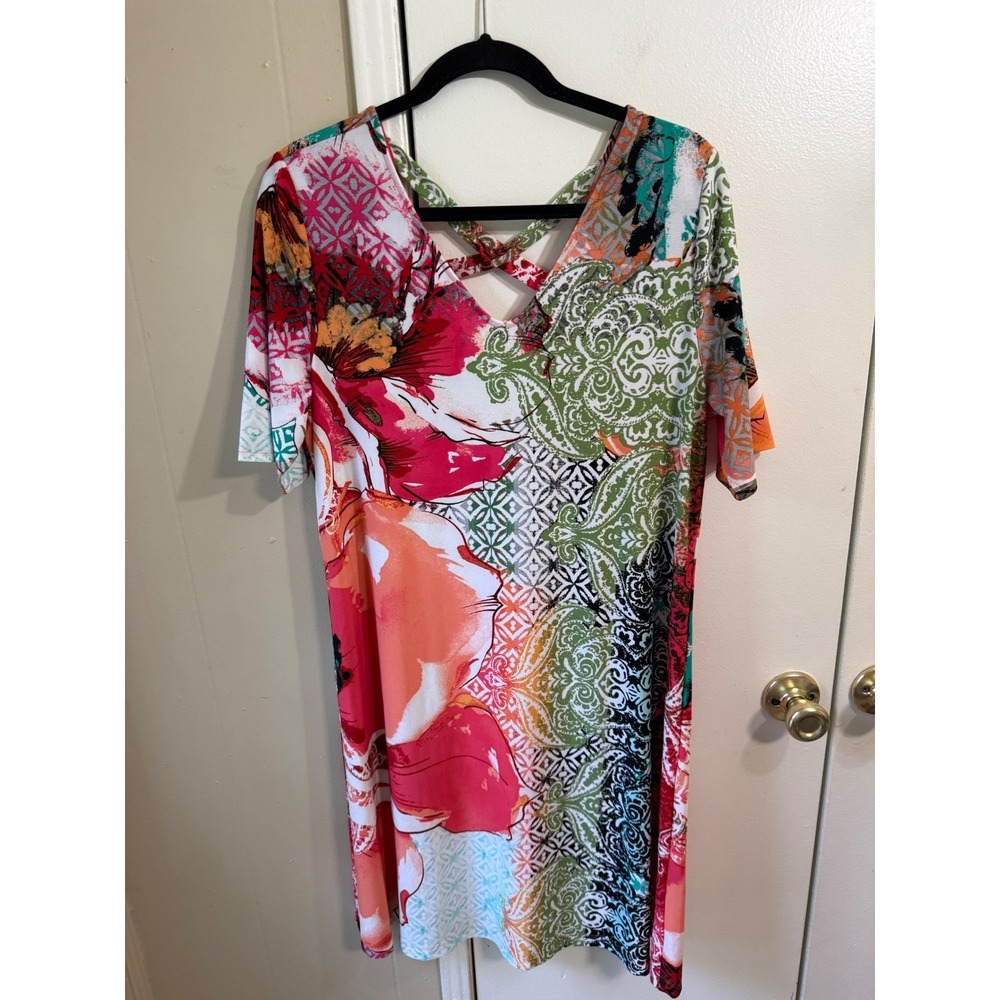 Chicos Abstract Colorful Floral V-Neck Shift Dress Womens Size 2 Large Vibrant - Picture 2 of 14